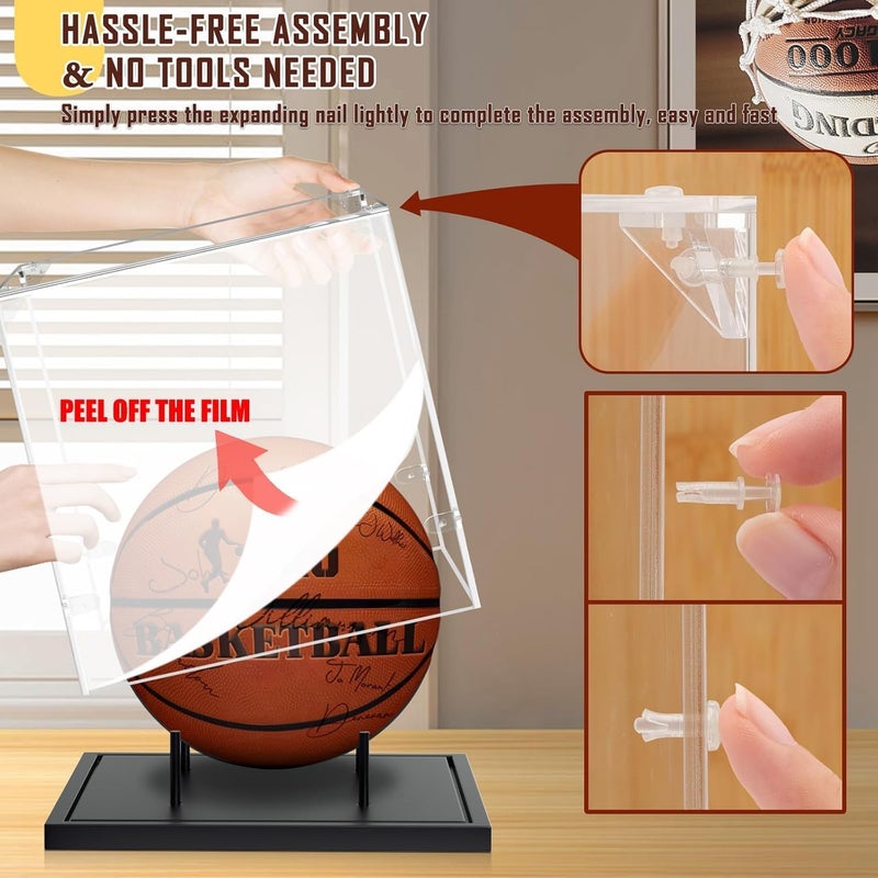 KKU Basketball Display Case, Acrylic Clear Full Size Basketball Case with Solid Wood Base,UV Protected Soccer Basketball Display Stand for Autographed Standard Memorabilia Keepsake, Black - Image 3